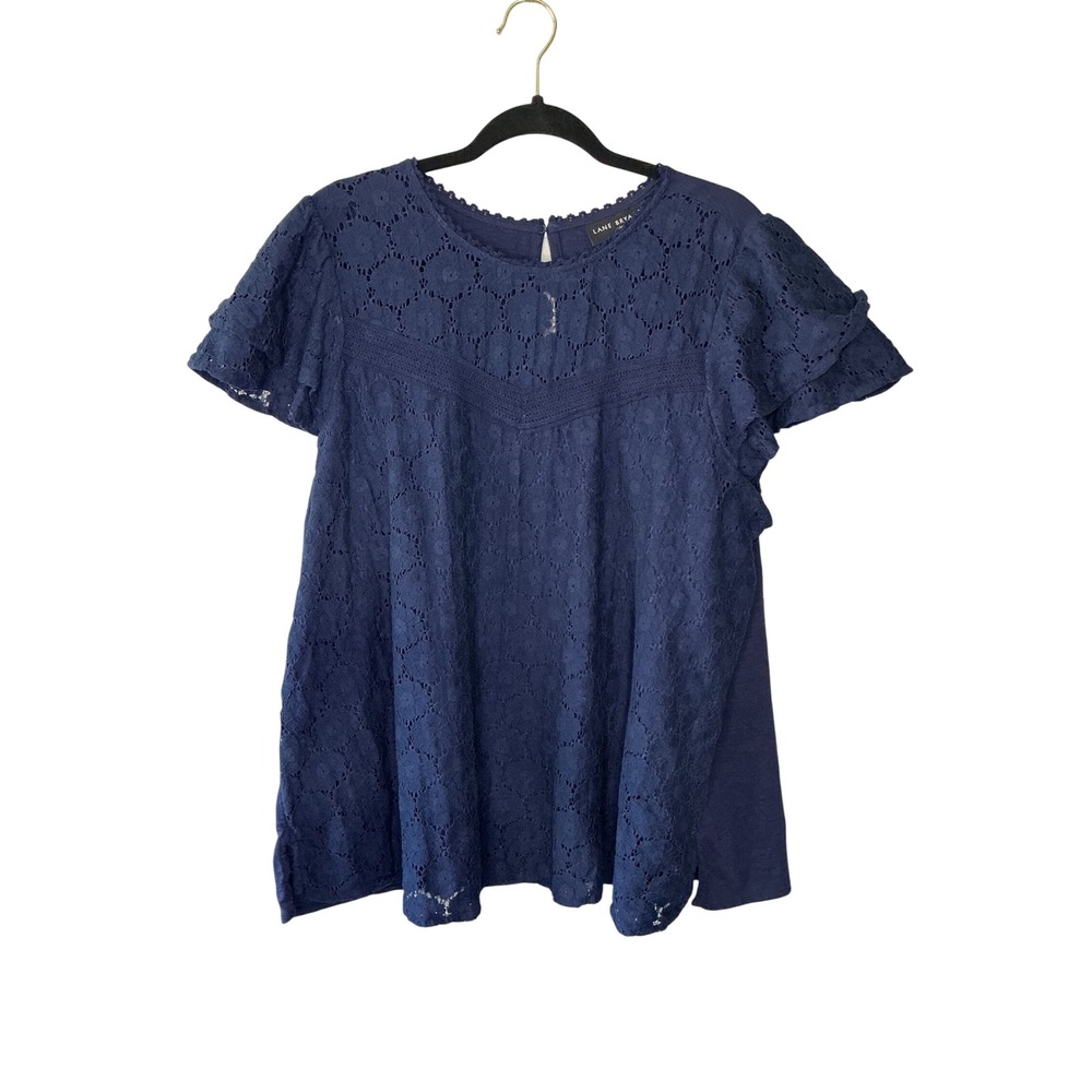 Lane Bryant Navy Blue Floral Lace Flutter Sleeve Knit Back Top 18/20